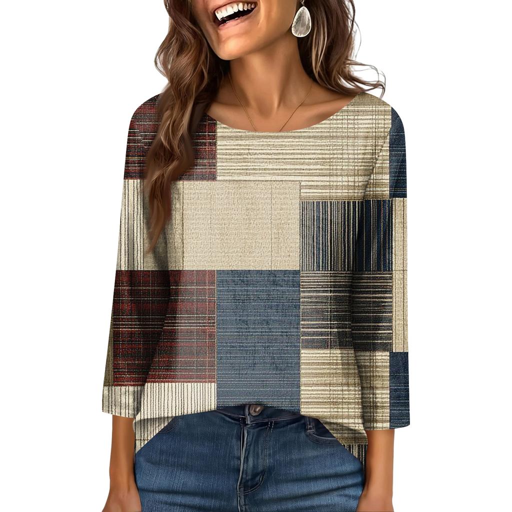 Women's Fashionable Casual Round Neck  3/4 Sleeve  Printed T-Shirt Top