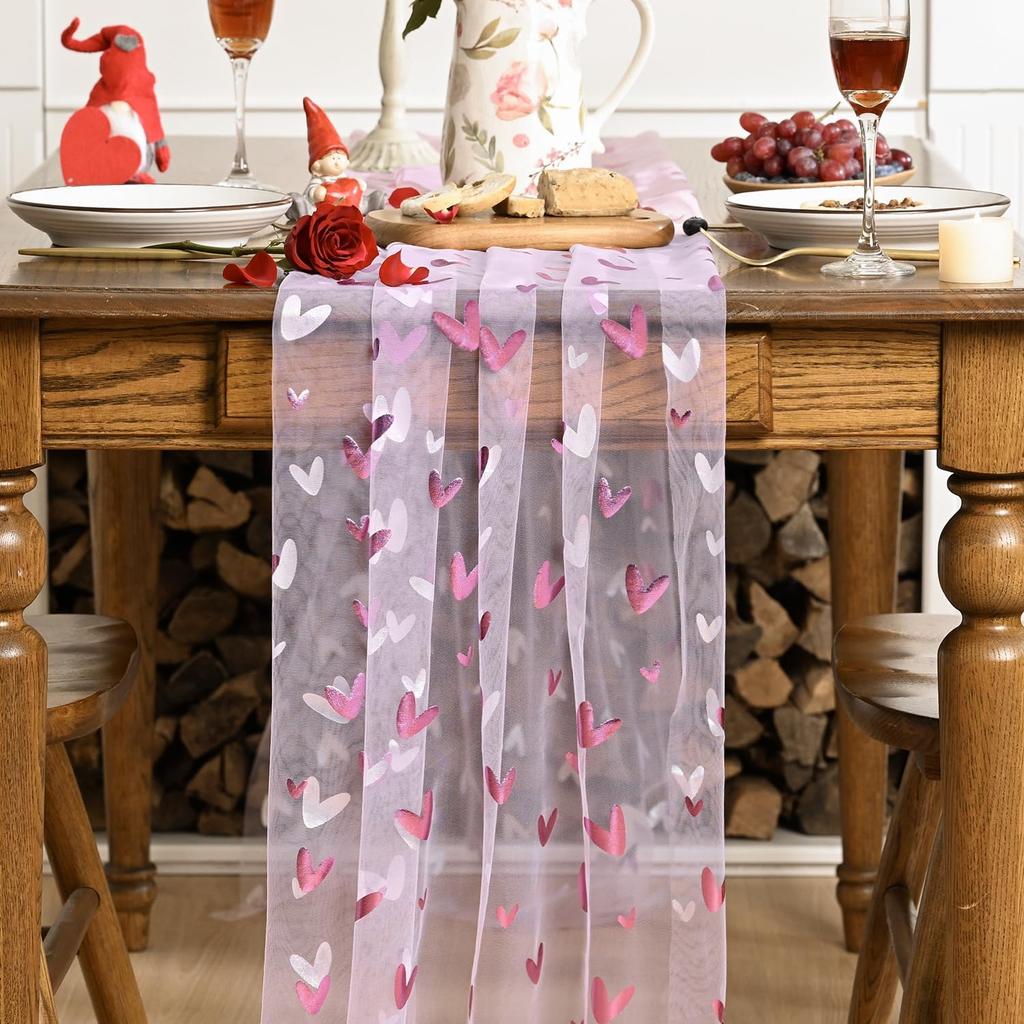 Artoid Mode Pink Heart Gauze Table Runner 120 Inch 10FT,Glitter Metallic Foil Valentine’s Day Sheer Dining Anniversary Wedding Table Decor for Home