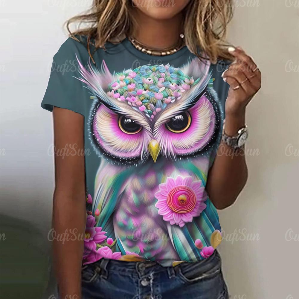 Women's T-Shirts Top Short Sleeved Owl 3D Print  Fashion Casual Style Round Neck Tee T-Shirt