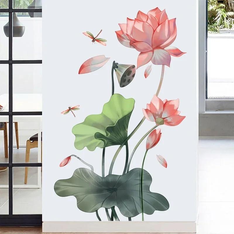 Removable Art Sticker Creative Bedroom Decorative Wallpaper Lotus Dragonfly Wall Sticker Living Room Wall Background Home Decor