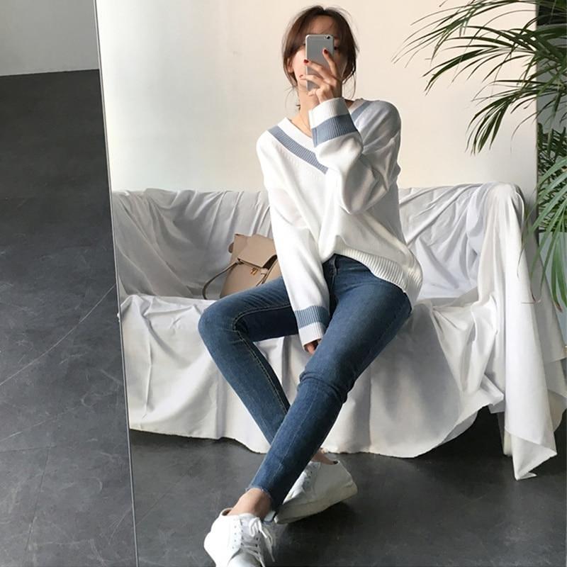 Women V-neck Pullover Sweater Autumn Winter Knitwear Chic Basic Casual Female Jumpers Sweaters