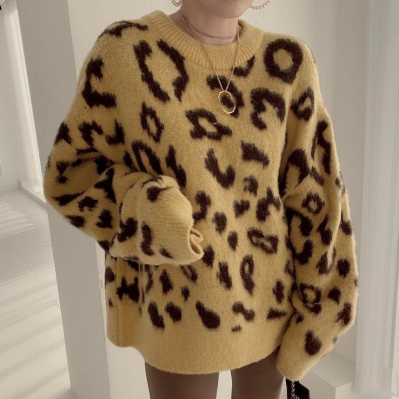 Women Thickened Warm Sweater Leopard Printed Sweater Long Sleeve O-Neck Loose Casual Knit Pullovers Autumn and Winter
