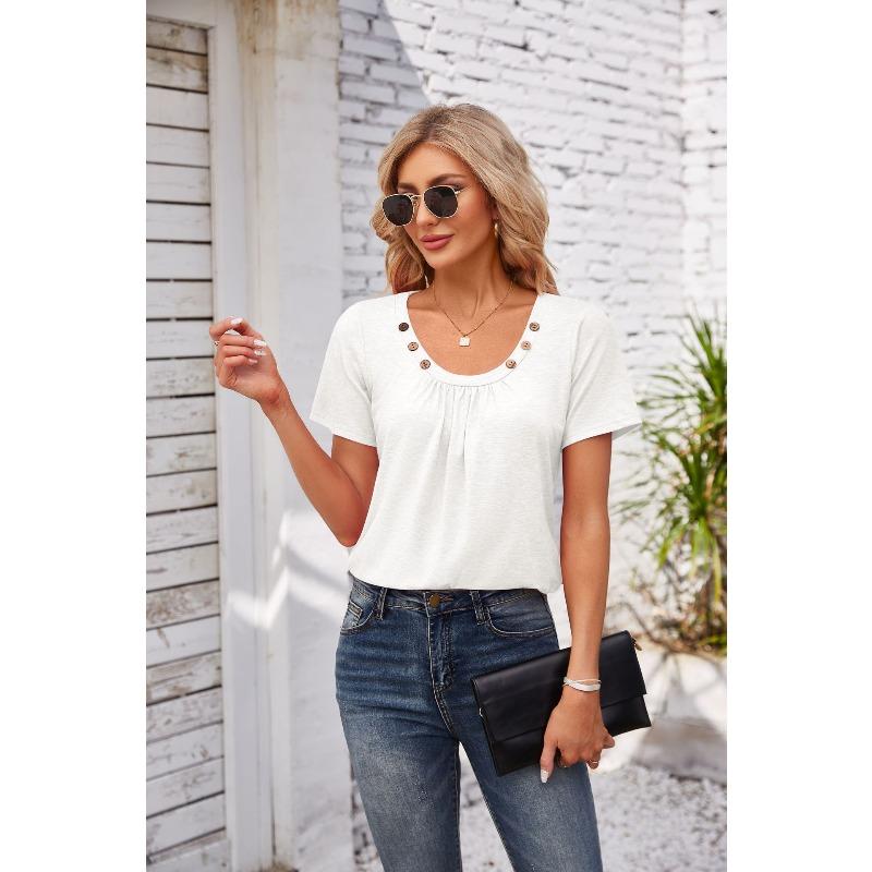Women's Fashion Casual Solid Color Print Short Sleeve O Neck Blouses & Shirts