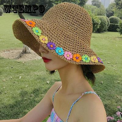 Classic Straw Bucket Hat Flower Foldable Stylish Fisherman Cap Adjustable Sun Protection Travel Hats for Women