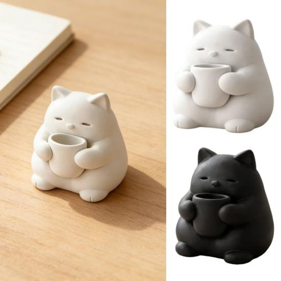 Mini Cute Cat Figurine 3D Printed Drinking Tea Cat Statue Small Desktop Ornament for Living Room Bedroom Office Shelf Decor