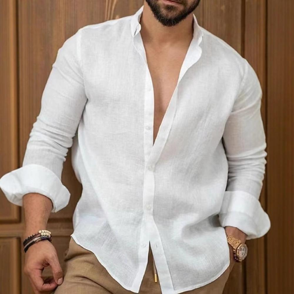 Nuova Camicia da Uomo in Misto Cotone e Lino Monocolore - Casual Manica Lunga