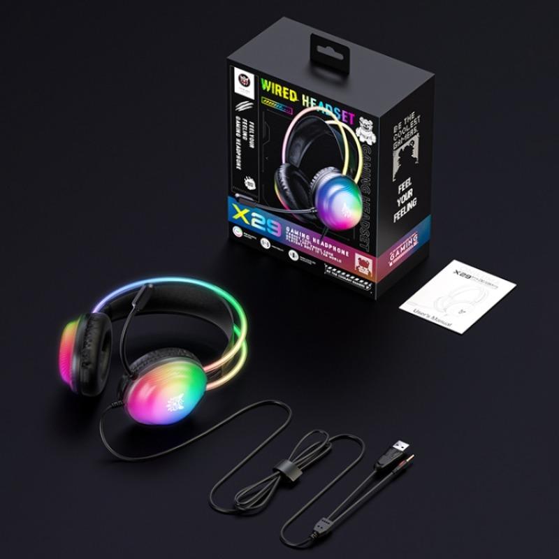 

ONIKUMA Проводная игровая гарнитура X29 с RGB-подсветкой, крепление на голове, длина кабеля 2,2 метра Package:19.5*19.5*9cm чёрный
