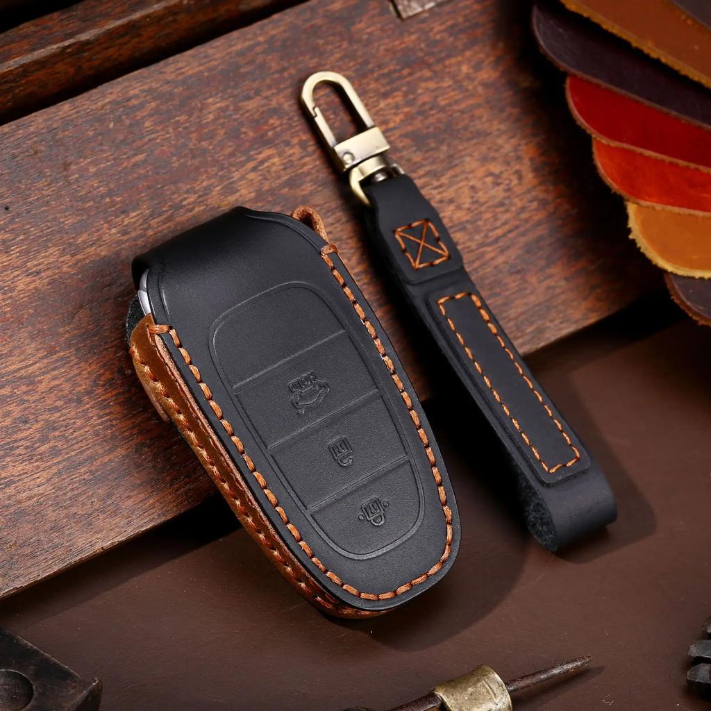 Leather Car Key Case Cover Fob Accessories for Hyundai Tucson Solaris Sonata Hybrid Nexo Nx4 Grand Santa Fe Keychain Holder Bag