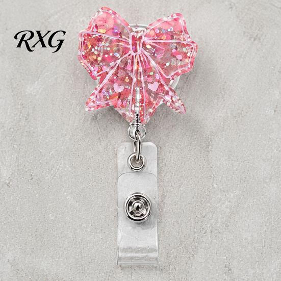 Cute Badge Reel Nurse Reel, Funny Retractable Glitter Acrylic Name Tag Holder with Bow Clip, Sparkly ID Card for Teachers Student Staffs