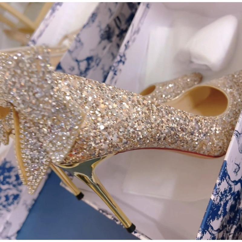 Silver Crystal High Heels Women's Slim Heels Age Into Dress Temperament Bow Light Mouth Wedding Shoes Bride Shoes