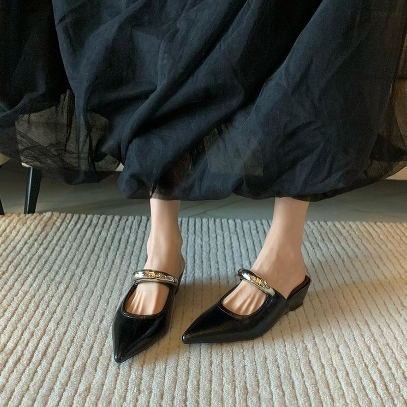 Sheepskin version! Baotou half slippers women's summer outer wear temperament niche pointed metal word with wedge heel shoes