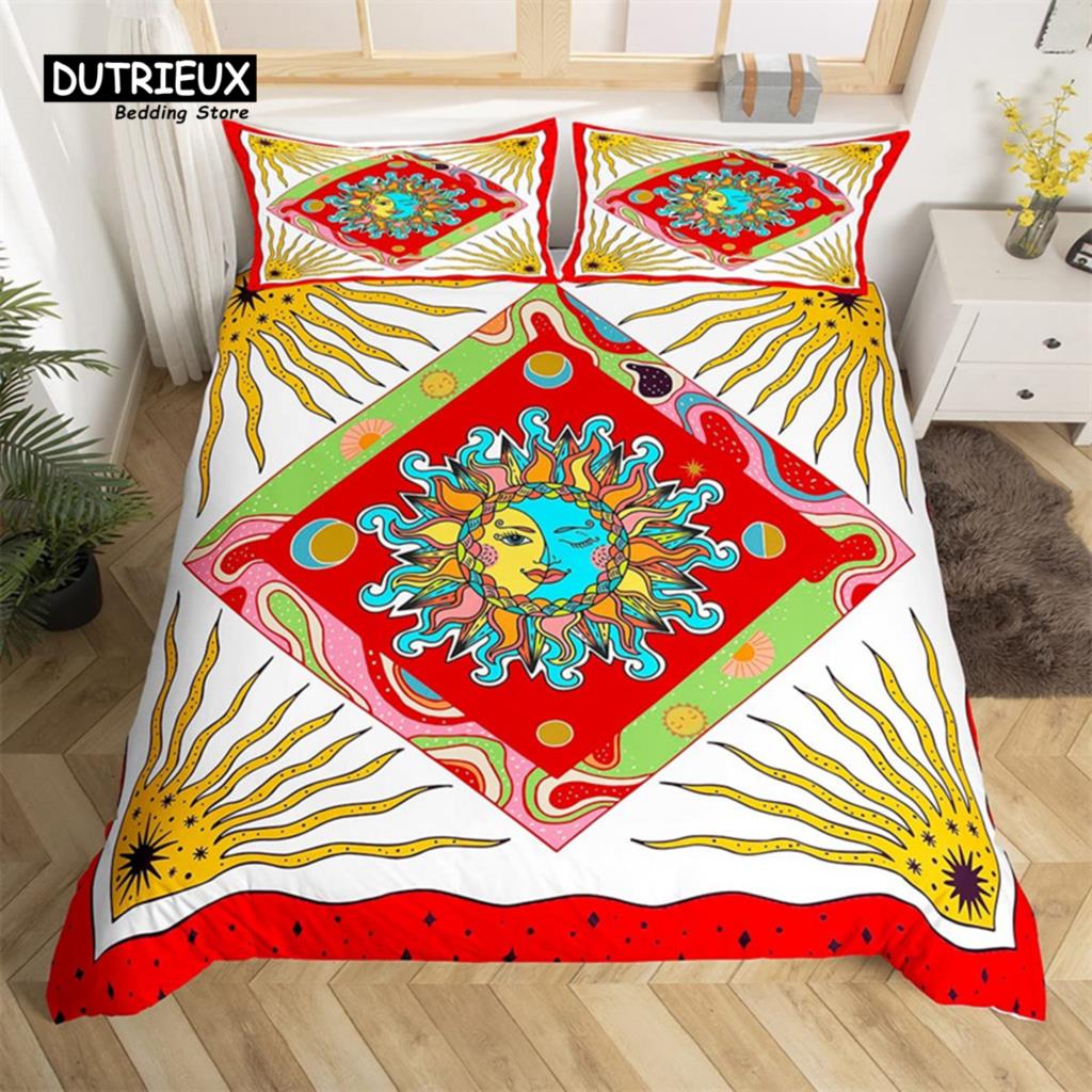 Comforter Sun And Moon King Queen Starry Sky Galaxy Trippy Bedding Set For Kids Adults Microfiber Boho Geometric