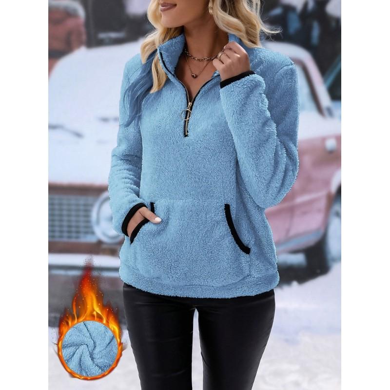 Women Half Zip Pocket Plush Hoodie Autumn Winter