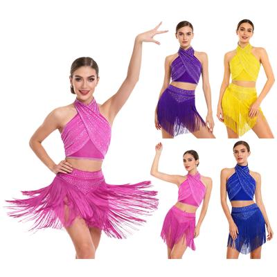 Tenue de Danse Chacha Salsa pour Femmes Dos Nu à Bretelles Sans Manches Top Court Brillant Plissé Jupe à Volants avec Short Intégré