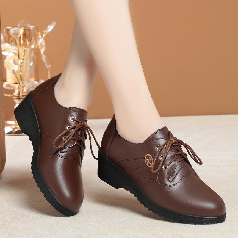 Spring Autumn Comfortable Non-slip Lace-up Women's Single Shoes  Mother Shoes Mid-heel Soft Wedge Soft Leather Pump
