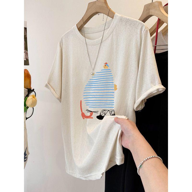 Fat Sister 100.00kg Plus size Korean Series Western Style Cartoon Cool Snowflake Cotton Short sleeve Women Summer Loose Slimming T-shirt Top