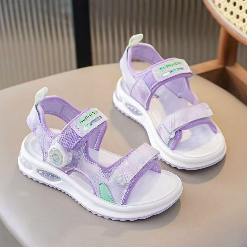 Girls Beach Shoes Open Toes Soft Sole Kids Casual Shoes Non-slip 2025 Summer New Children Sandals with Rotating Button Sweet