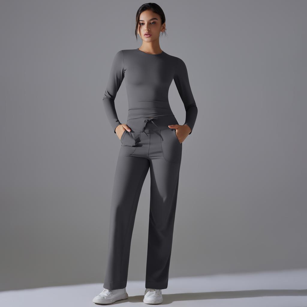 Auroth Long Sleeve Yoga Set With Pockets Women Workout Colthes Gym Top Wide Leg Fitness Pants Sportswear