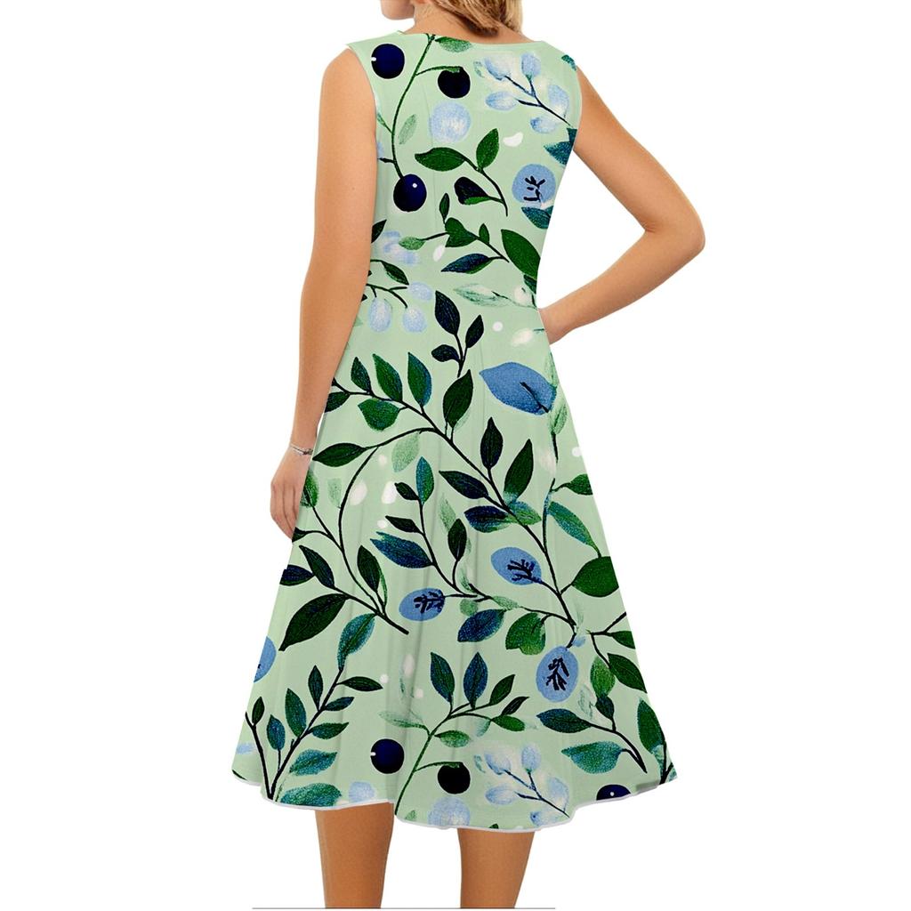 Women's Casual Fashion Floral Print Round Neck Sleeveless Midi Dress