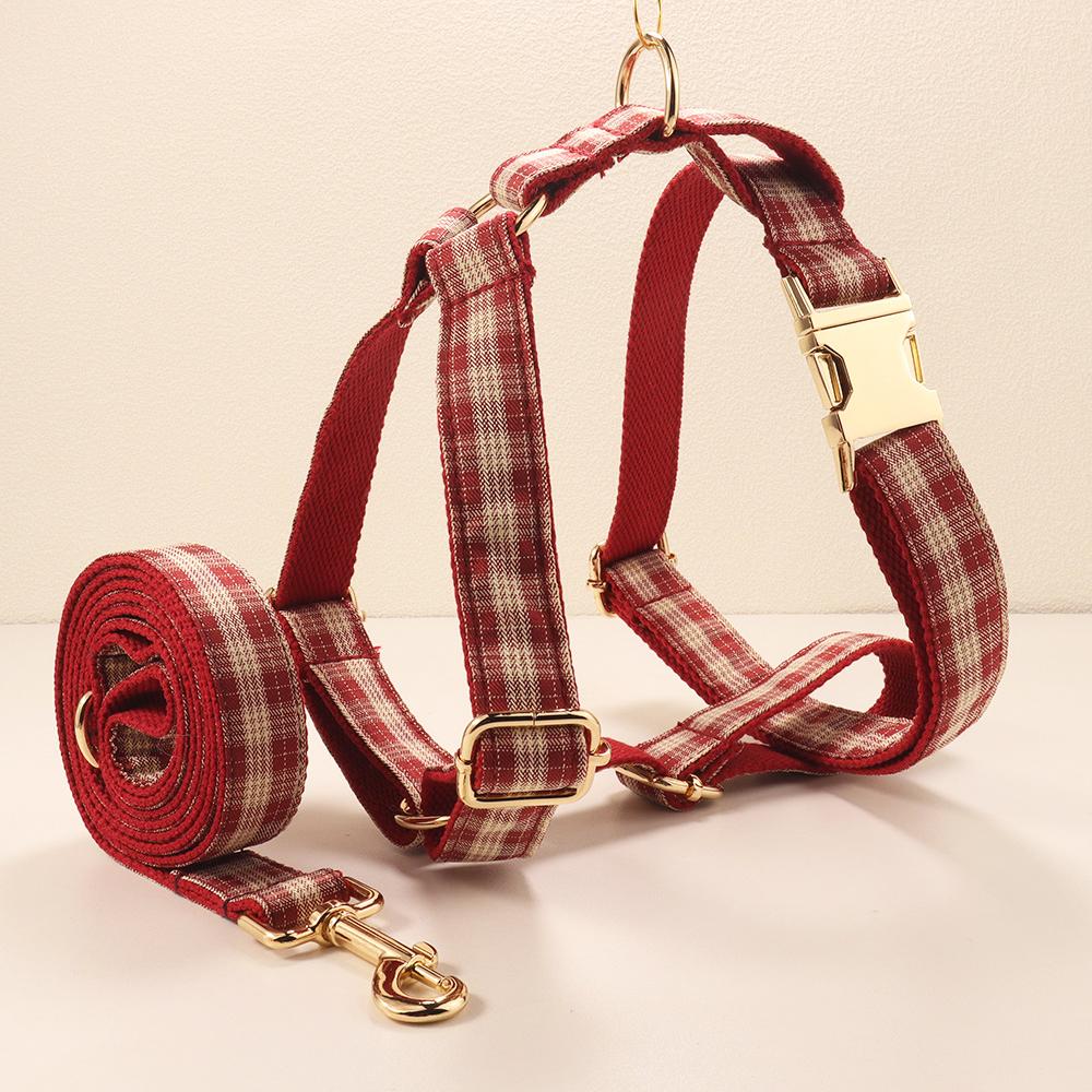 Plaid Pet Walking Harness Set with Bow Design, Adjustable Vest Collar Leash Kit for Small Dogs