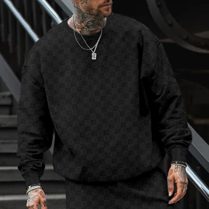 Men's Round Neck Jacquard Chessboard Base Layer Top Casual Long Sleeve Sweatshirts