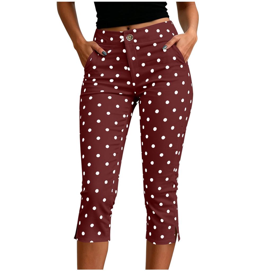 Women's High Waist Slim Fit Polka Dot Pants with Zipper Fly for Casual Daily Wear