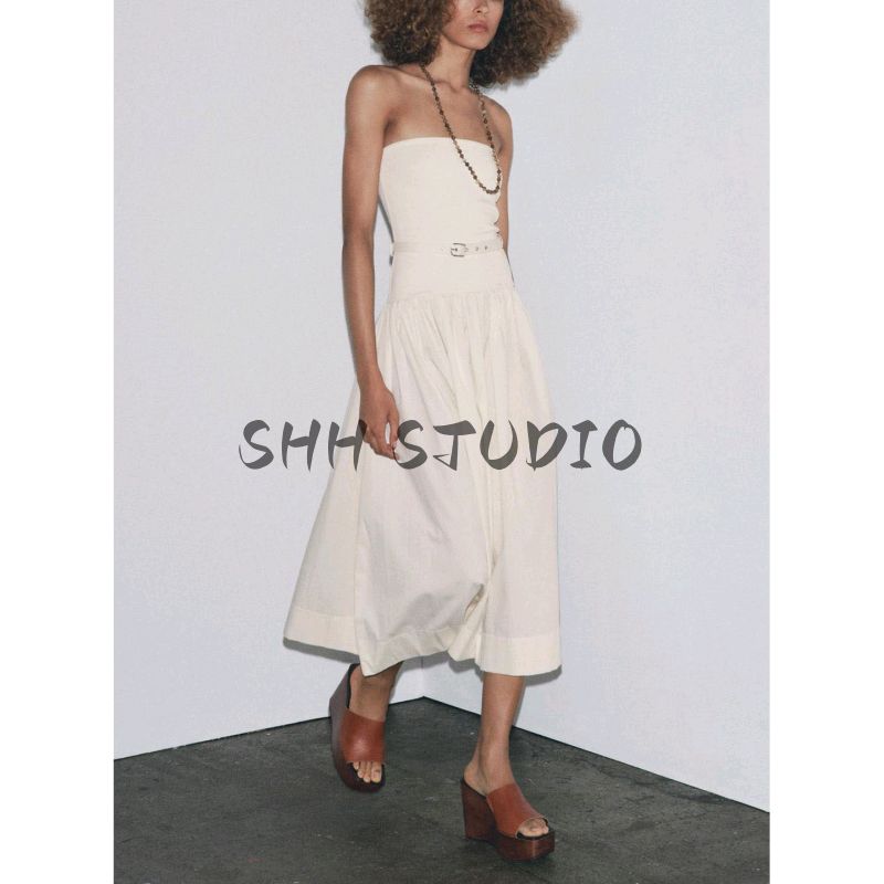 Summer New Product Women's Clothes Normcore Air Volume Feeling Hem Patchwork Belt off-the-Shoulder Tube Top Dress 3641703