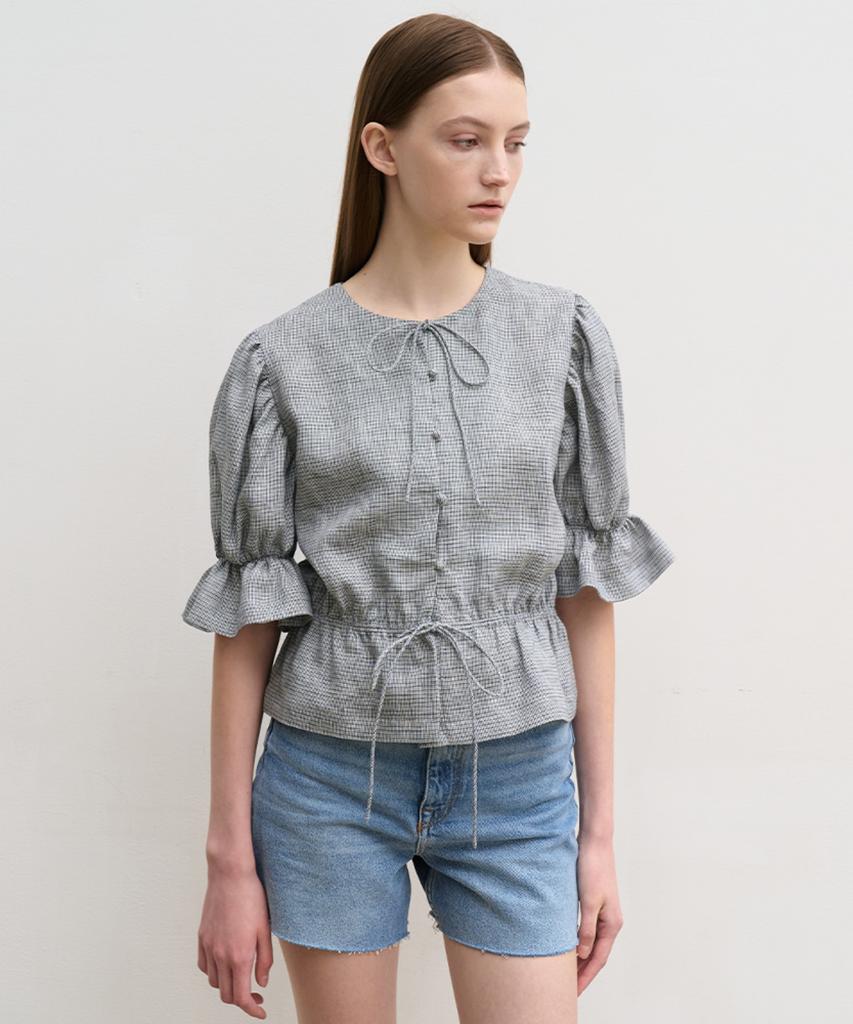 Hiloin Linen Blend Shirred Waist Blouse (Gray)