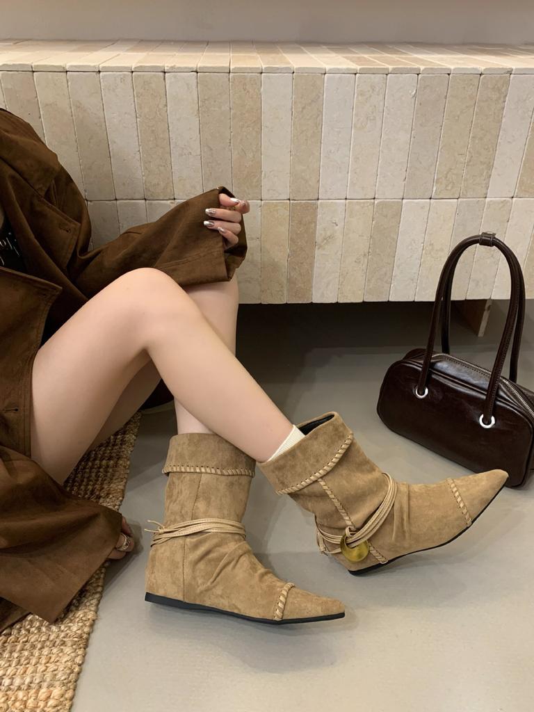 Sleeve stacking boots 2025 autumn new wedge heel metal buckle tip inner height increase matte leather high boots