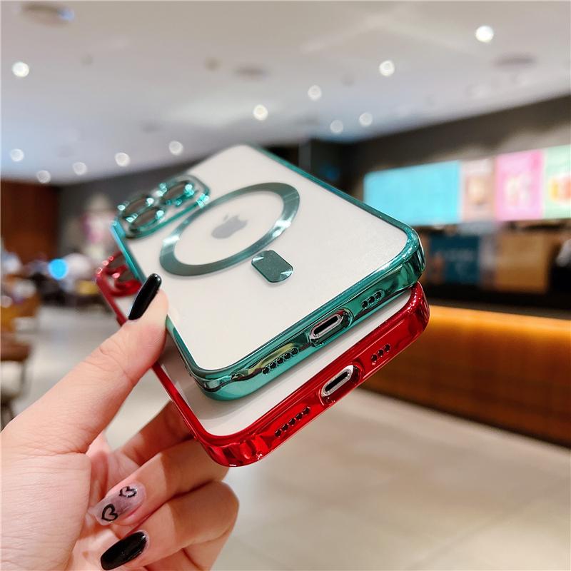For iPhone 15 16 Pro Max Luxury Magsafe Magnetic Plating Frame Transparent Phone Case For iPhone 11 12 13 14 15 Plus Lens Cover