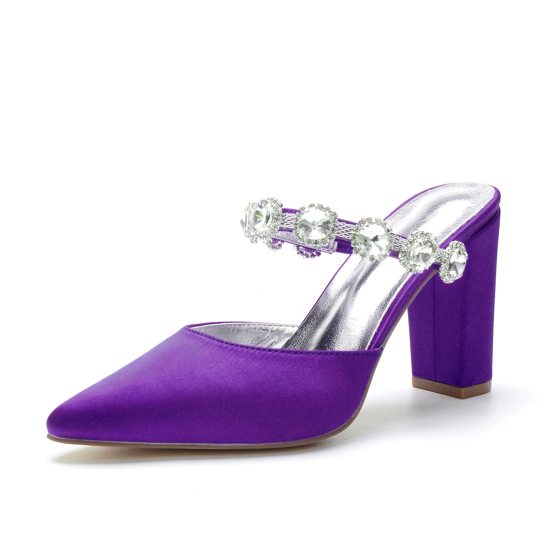 

Модные небесно-голубые туфли на высоком каблуке 9 см, женские туфли-лодочки на сексуальном толстом каблуке, с отделкой стразами в виде цветка, из атласа, большого размера 43 темно-фиолетового