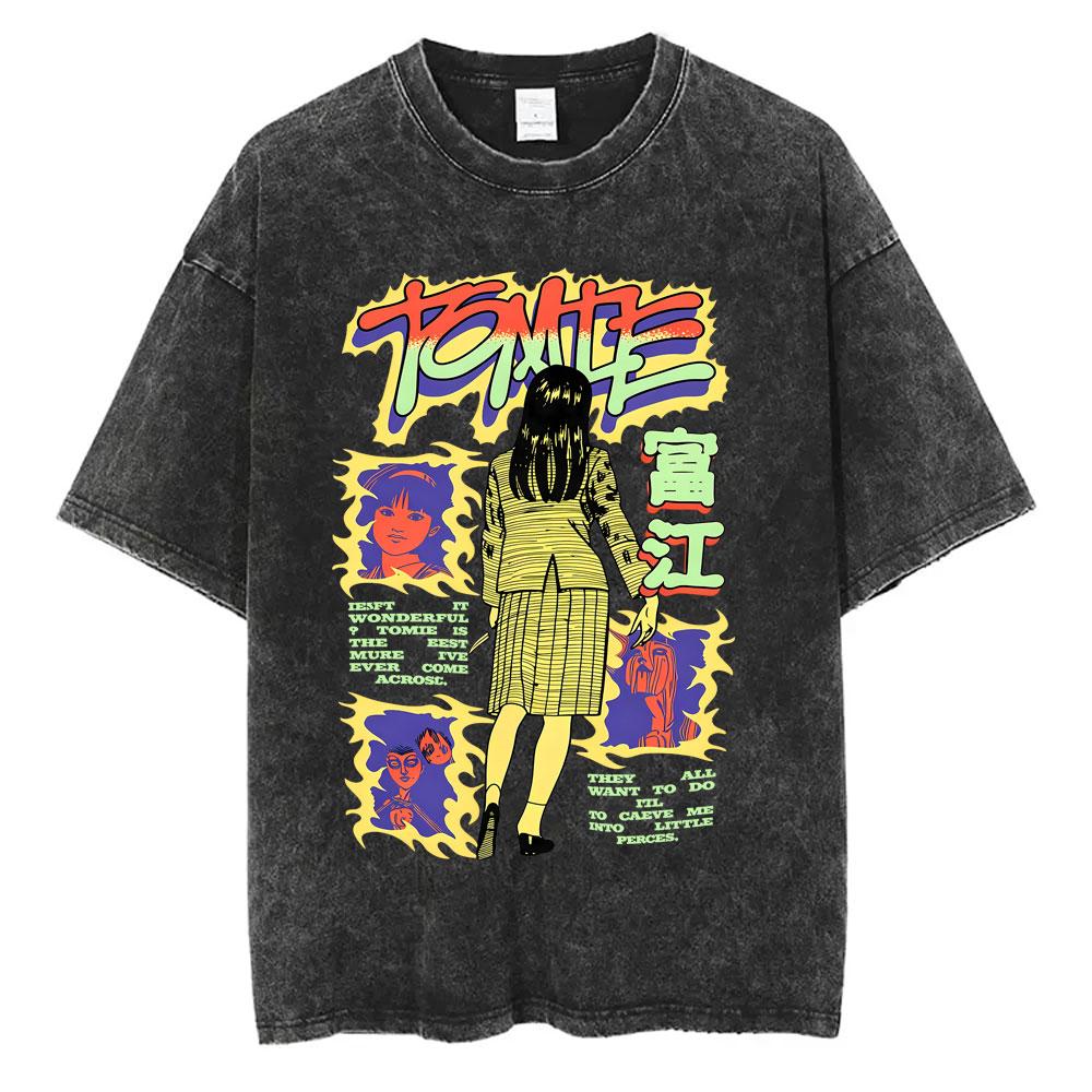 Anime Tomie Junji Ito Vintage Washed T-shirt Men Women Manga Horror Gothic Rock T Shirts Male Retro High Quality Cotton T-shirts