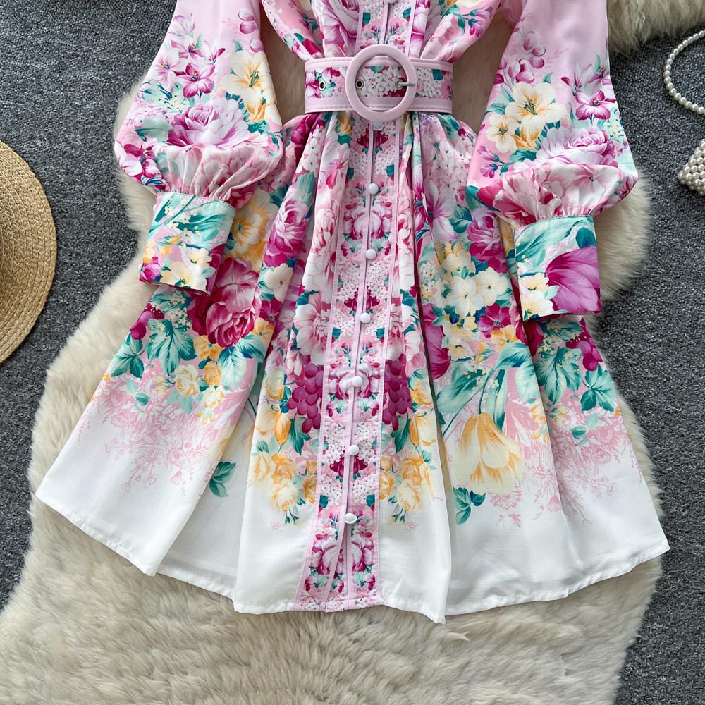 Celebrity stand-up collar lantern sleeve printed dress women's autumn youth age reduction waist and thin A-shaped skirt with belt