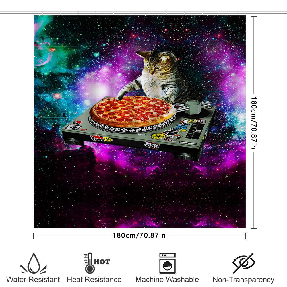 Psychedelic Space Cats Pizza Turntable Shower Curtain Bizarre Bathroom Decor For Cat Lovers