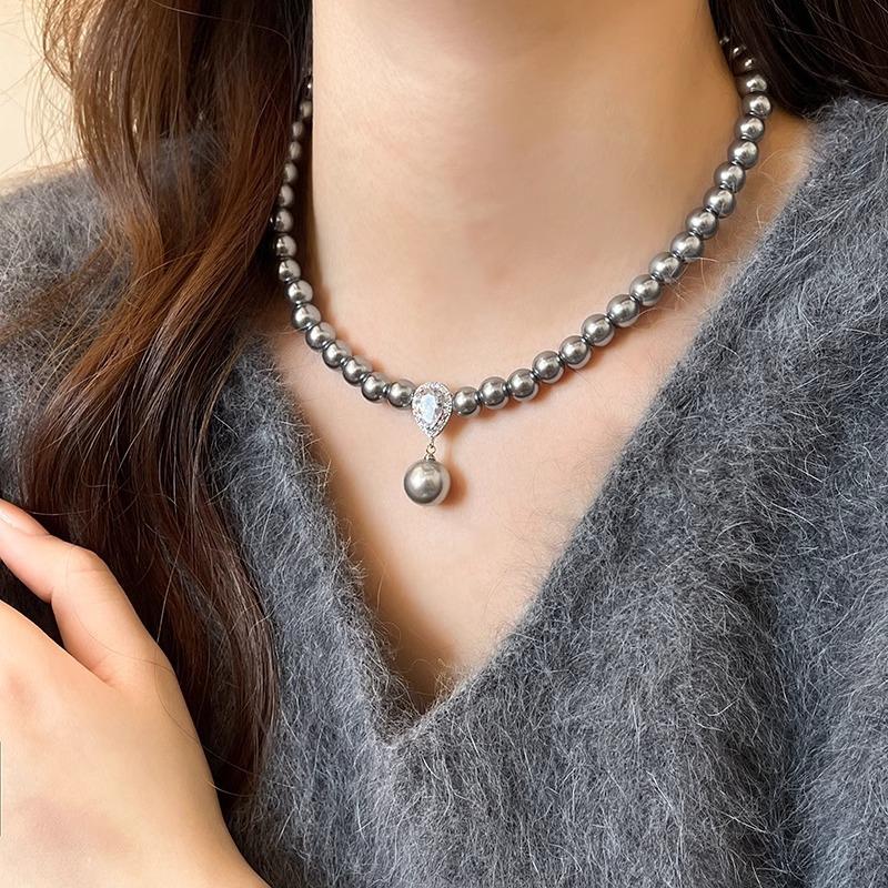 Copper Micro-Inlaid Zircon Water Drop Glass Pearl Necklace Autumn And Winter Sweater Chain Light Luxury Niche Design Clavicle Chain