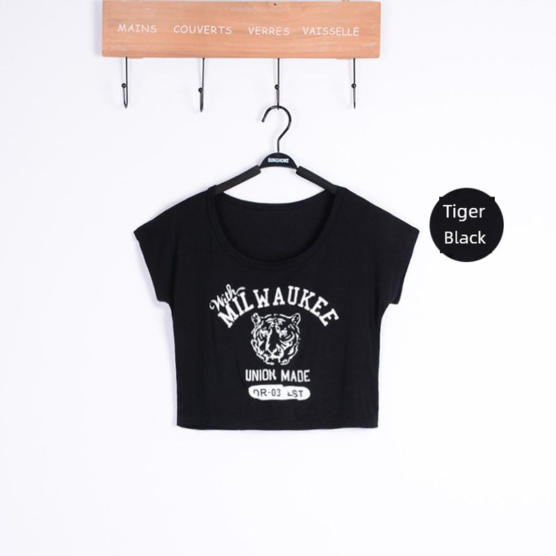 

Modal Loose Printed Blouse Batwing Sleeve T-shirt Tiger blouse Black Free size length 38cm