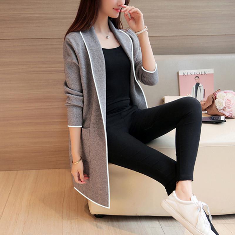 Autumn Winter Long Cardigan Female Casual Women Pocket Cardigan Sweater Knitted Cardigans All-match for Women Jacket Tops