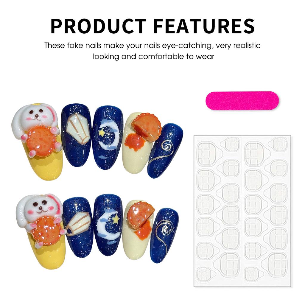 Blue Yellow Fake Nails with Rabbit Print Sweet & Charming Reusable False Nails for Stage Performance Wear