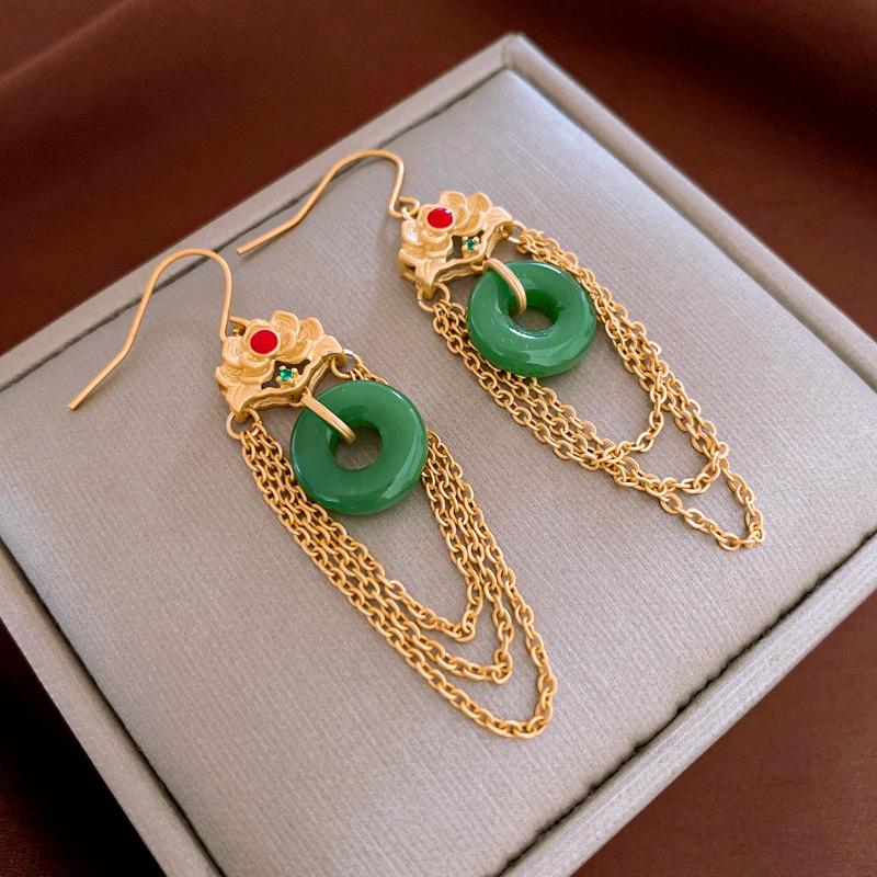 Real Gold Plated Hanfu Style Jade Imitation Geometric Tassel Earrings for Women