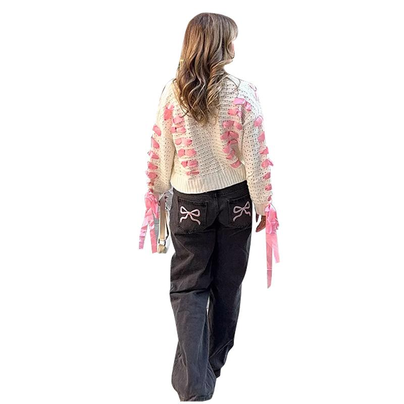 Jeans mit Schleife und Stickerei für Damen, hohe Qualität, hohe Taille, breite Beinhose, Y2k Vintage, gerade, 2025 Frühling, Sommer, einfarbige Hose