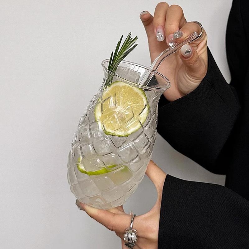 2pcs Coffee Glass Cup Relief Pineapple Shaped Water Mug Fruit Juice Beer Beverage Cups Ins Summer Winter Drinkware Accessories