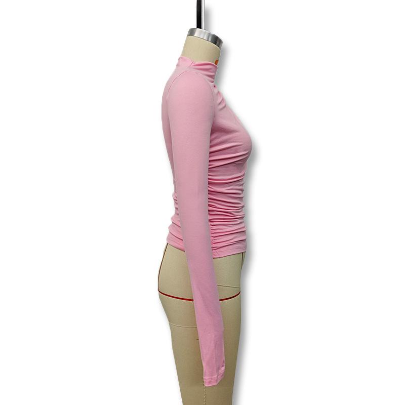 Women's Fall Solid Color Slim-fit Long Sleeve Base Top Sexy Spice Pleated Tight T-shirt