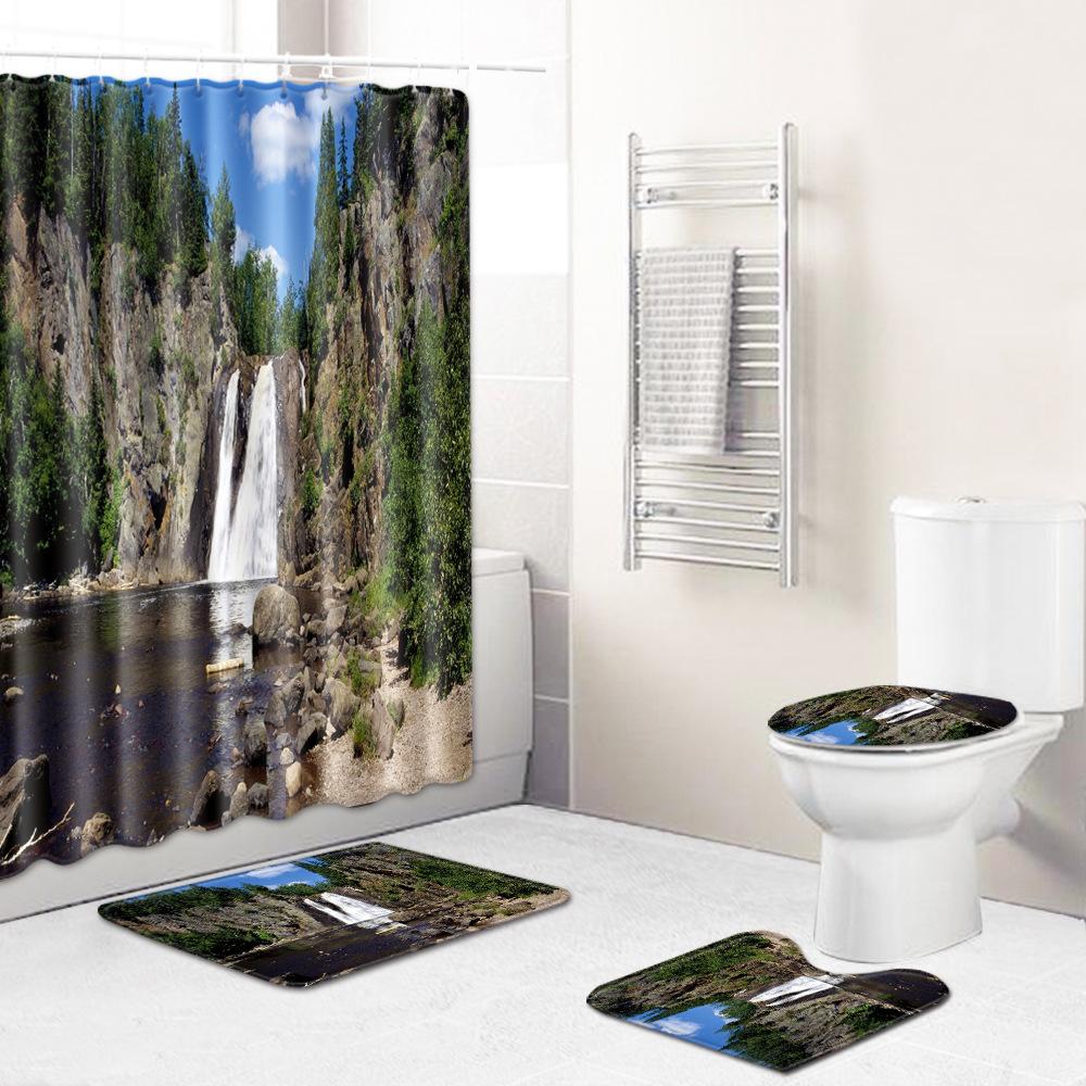 Landscape Shower Curtain Floor Mat Combination Four-Piece Set Bathroom Toilet Carpet Shower Room Mat Foot Mat
