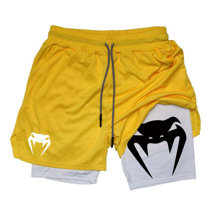 MDHAO xin nan zhuang  3D txu Slangenprint 2-in-1 Trainings- en Hardloopshorts voor Mannen Sportschool Prestatieshorts met Telefoonvakje Handdoeklus Sport Atletische Sportkleding L geel
