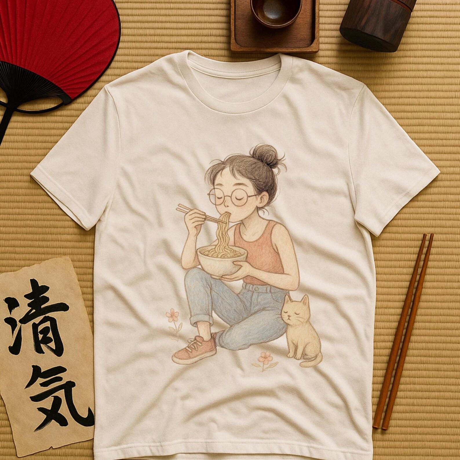 Ramen Girl with Cat T-Shirt – Soft Pastel Japanese Illustration 2XL