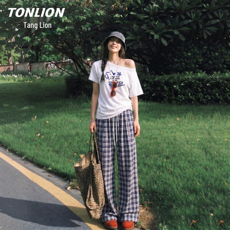 TonLion Women s Off-Shoulder T-Shirt & Plaid Wide-Leg Pants Set S