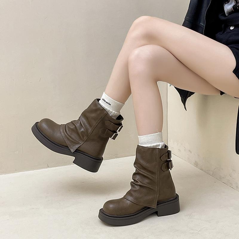 British retro design pleated leather boots slim short boots autumn and winter muffin thick-soled trousers women's knight boots