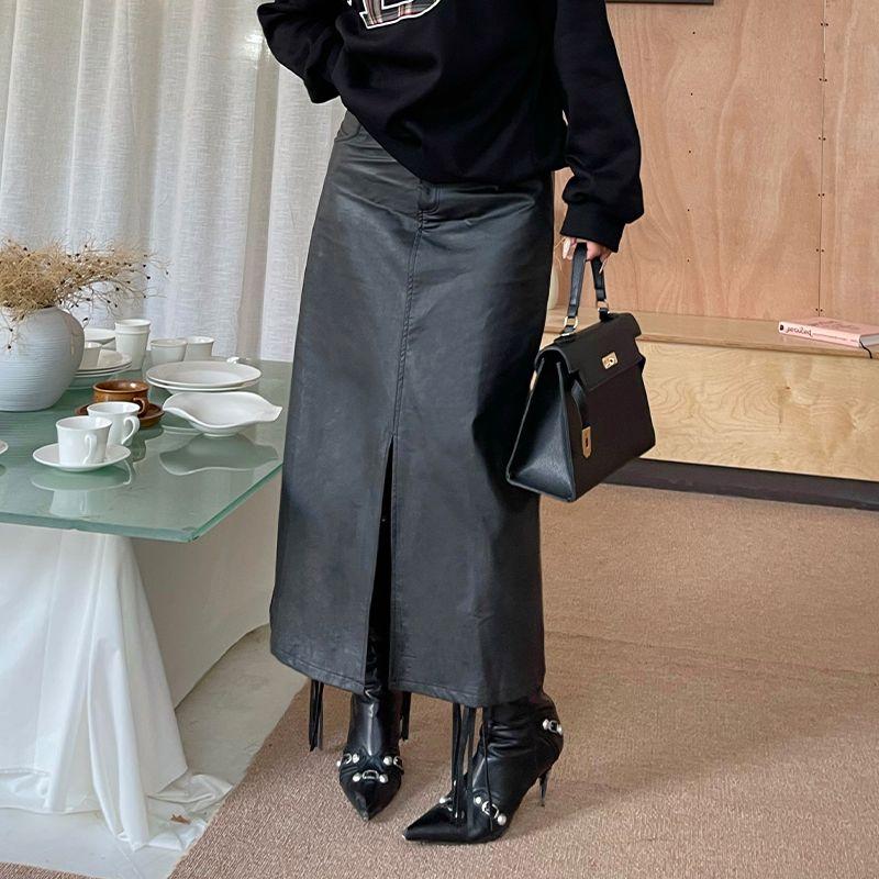 Nan Slightly Oversized Girls American Pu Skirt Women's Autumn New Arrival Plus Size High Waist Mid Length Long Length Split Retro Leather Skirt