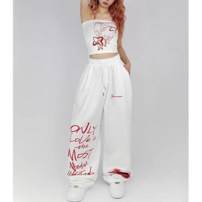 Women's Black & White Korean Street Dance Hip-Hop Drawstring Pants