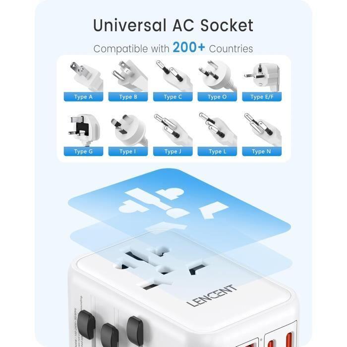 Adaptateur de voyage - lencent - gan3 65w - 2 usb-a qc4.0 - 2 usb-c pd3.0 - prises interchangeables